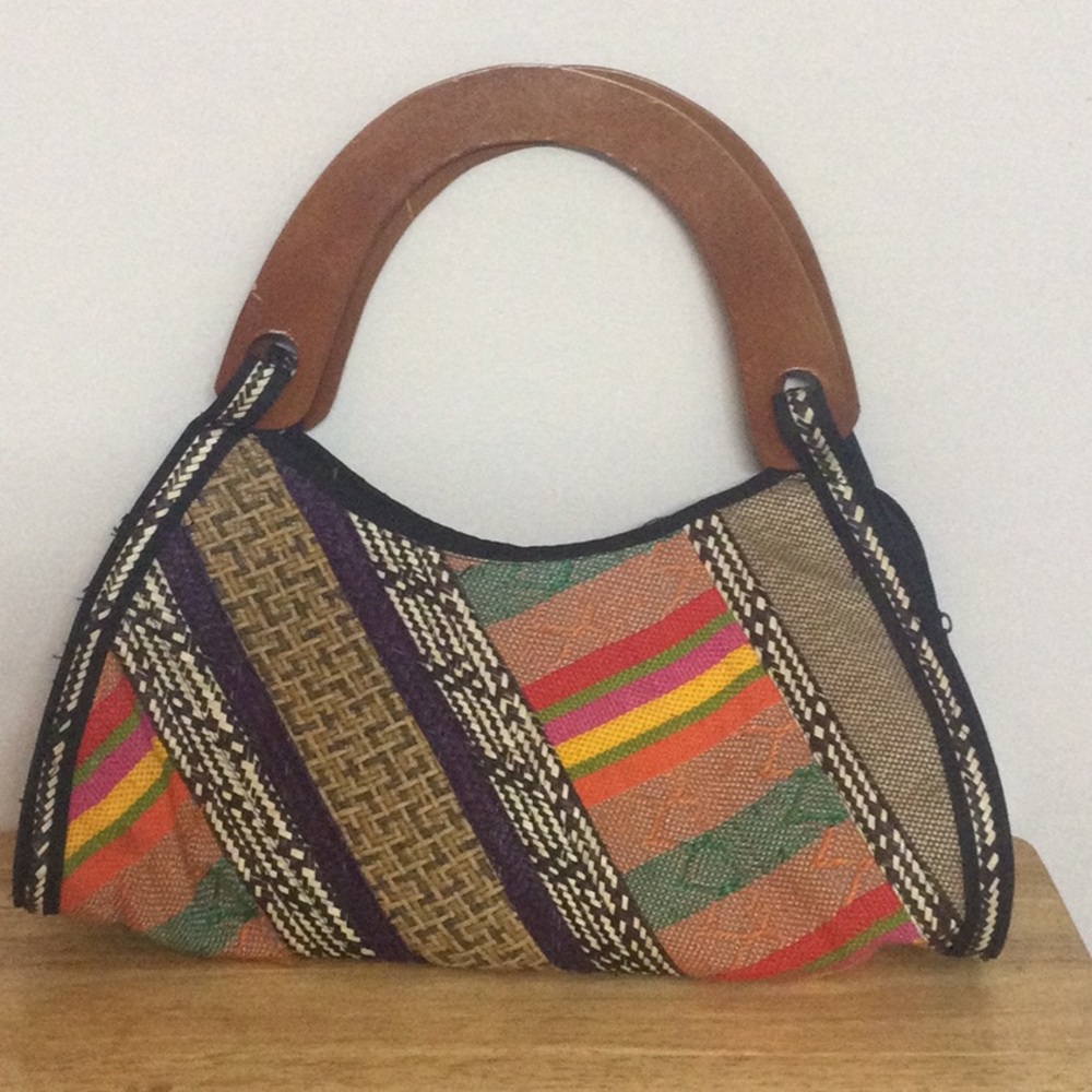 🌞 Vintage Decorative colorful striped handbag purse wooden handles women